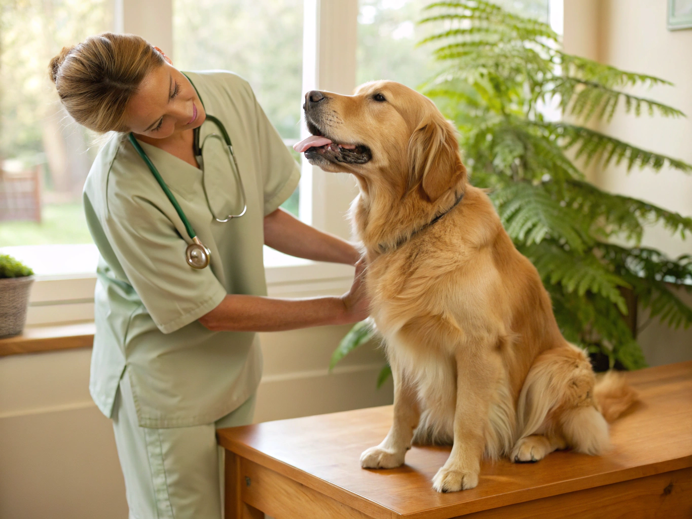 Veterinary technician comforting a dog before surgery